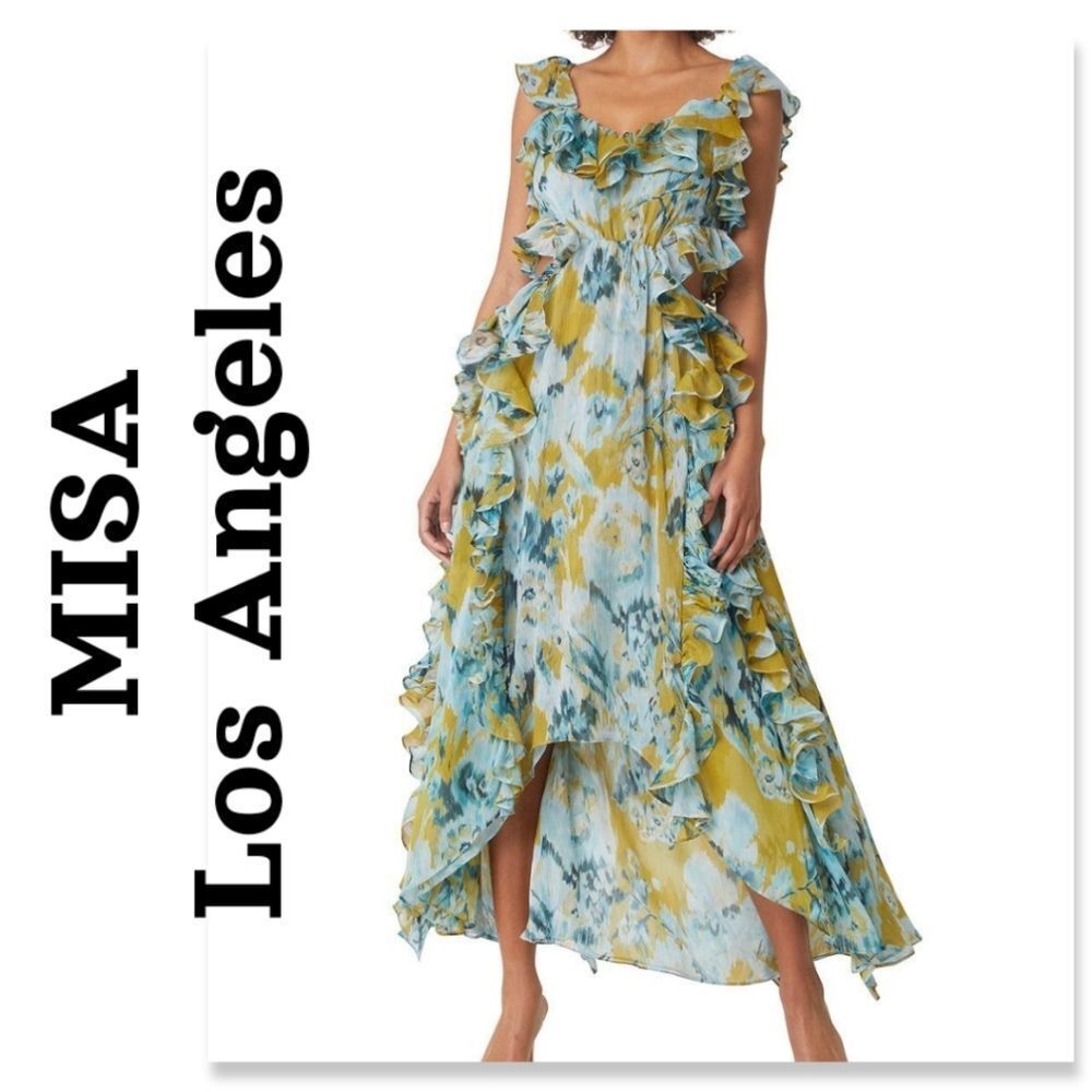 Misa Los Angeles Blue and Yellow Ruffle Maxi Dress